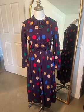 Vintage 1980s PELIE Made in Japan Plum Polka Dot Button-Front Midi Dress